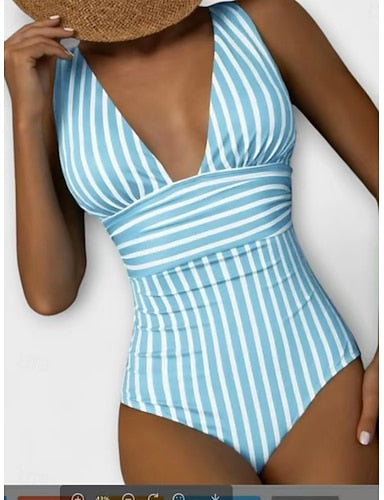 One Piece Swimsuit Slimming Colorblock Monokini Tummy Control High Waist Slim Backless Vacation Beach Wear Striped V Neck Sleeveless Bathing Suits
