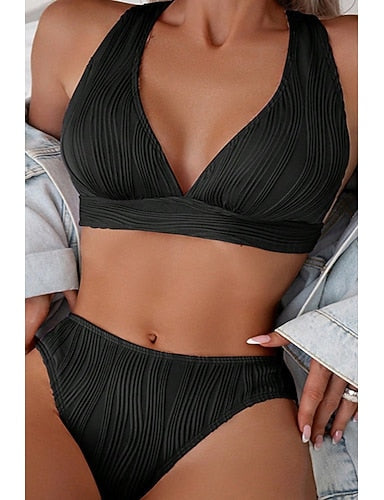 Swimwear Bikini 2 Piece Cheeky Swimsuit Backless Slim Vacation Beach Wear Color V Neck Sleeveless Bathing Suits