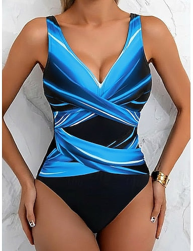 One Piece Swimsuit Slimming Ruched Colorblock Briefs Active Vacation V Neck Sleeveless Bathing Suits
