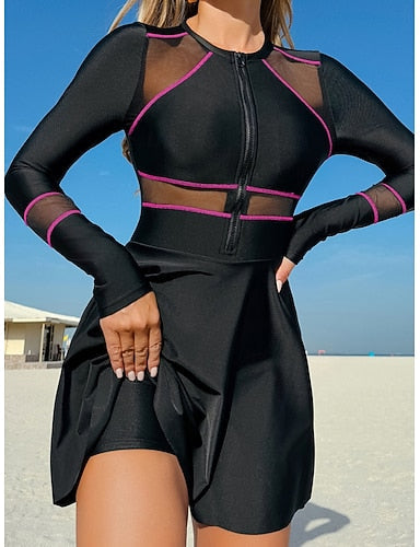 Swimwear One Piece Swimsuit Patchwork Zipper Mesh Vacation Beach Wear Color Block Round Neck Long Sleeve Bathing Suits