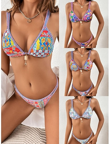 Bikini 2 Piece Swimsuit Thong Slim Backless Vacation Beach Wear Graphic V Neck Sleeveless Bathing Suits