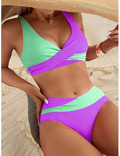 Swimwear Bikini Cheeky Swimsuit Vacation Graphic Color Block V Neck Sleeveless Bathing Suits