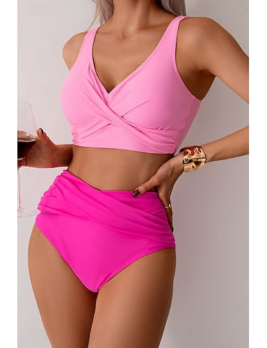 Swimwear Bikini Swimsuit Ruched High Waisted Tropical Beach Wear Plain V Wire Sleeveless Bathing Suits