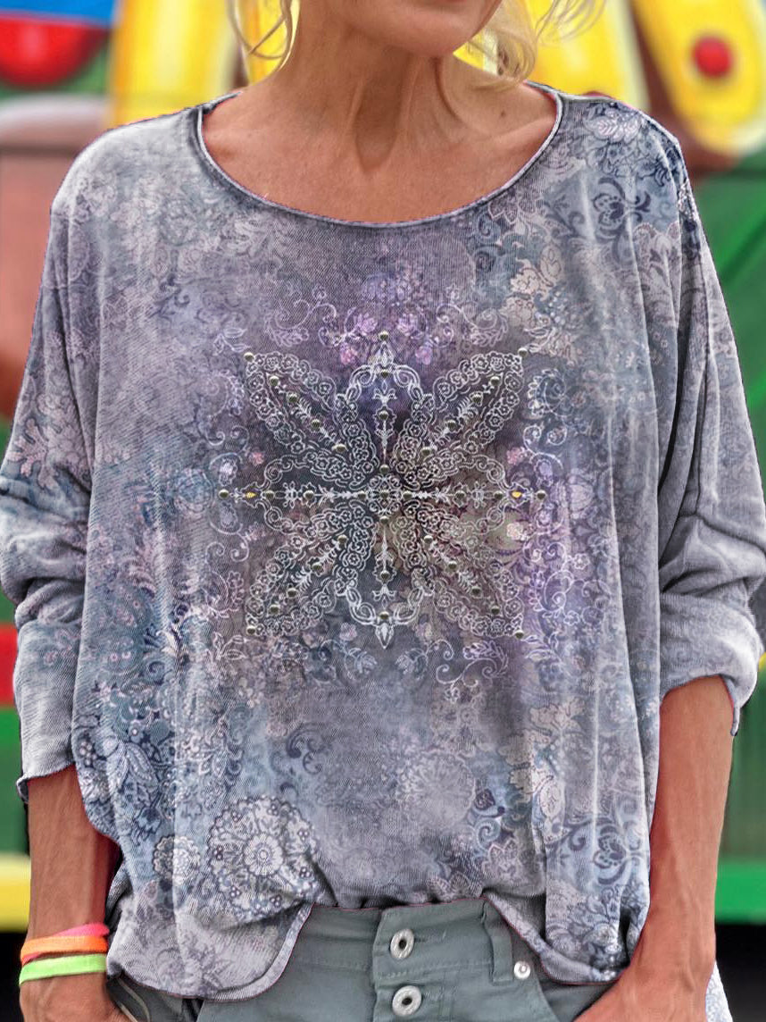 Women's Vintage Ethnic Floral Art Print Casual Long Sleeve T-shirt