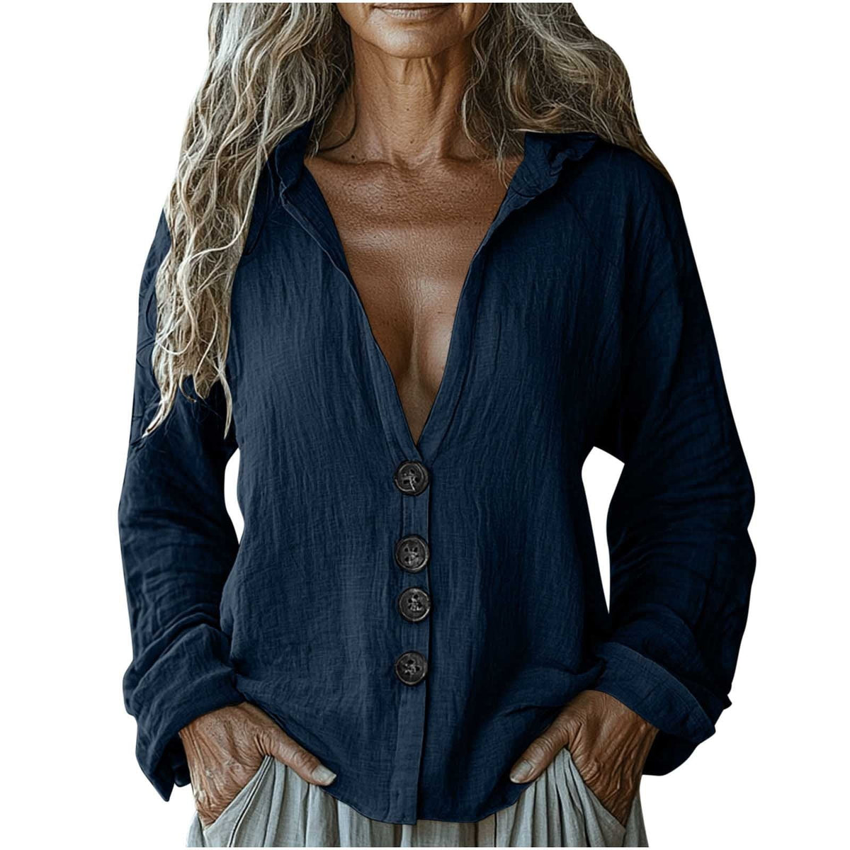 Comstylish Women's Vintage Solid Color V-neck Linen Shirt