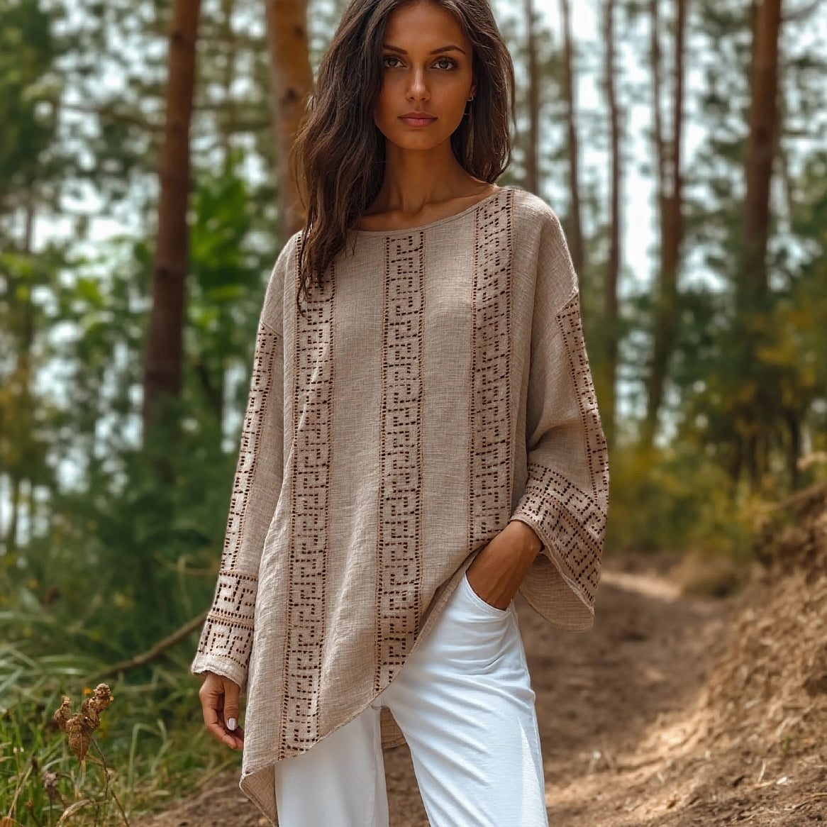 Comstylish Vintage Greek Key Motif Hollow Cotton Linen Shirt