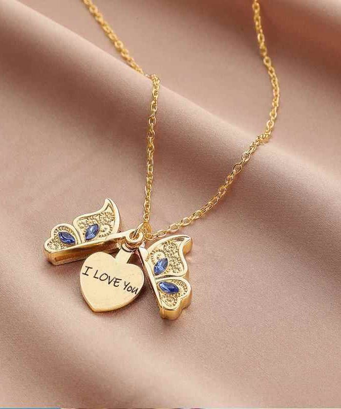 Gold Copper Alloy Zircon Butterfly I Love You Pendant Necklace