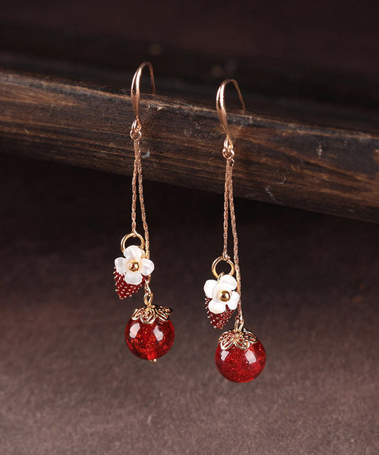 Red Copper Cloisonne Cloured Glaze Strawberry Shell Flower Drop Earrings