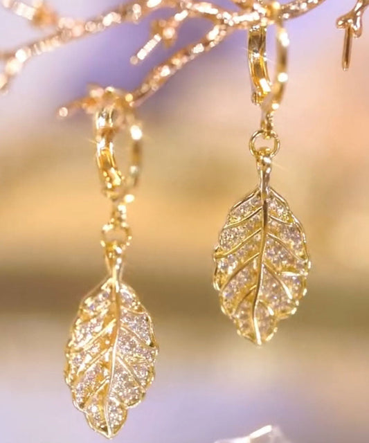Style Gold Sterling Silver Inlaid Zircon Leaf Drop Earrings