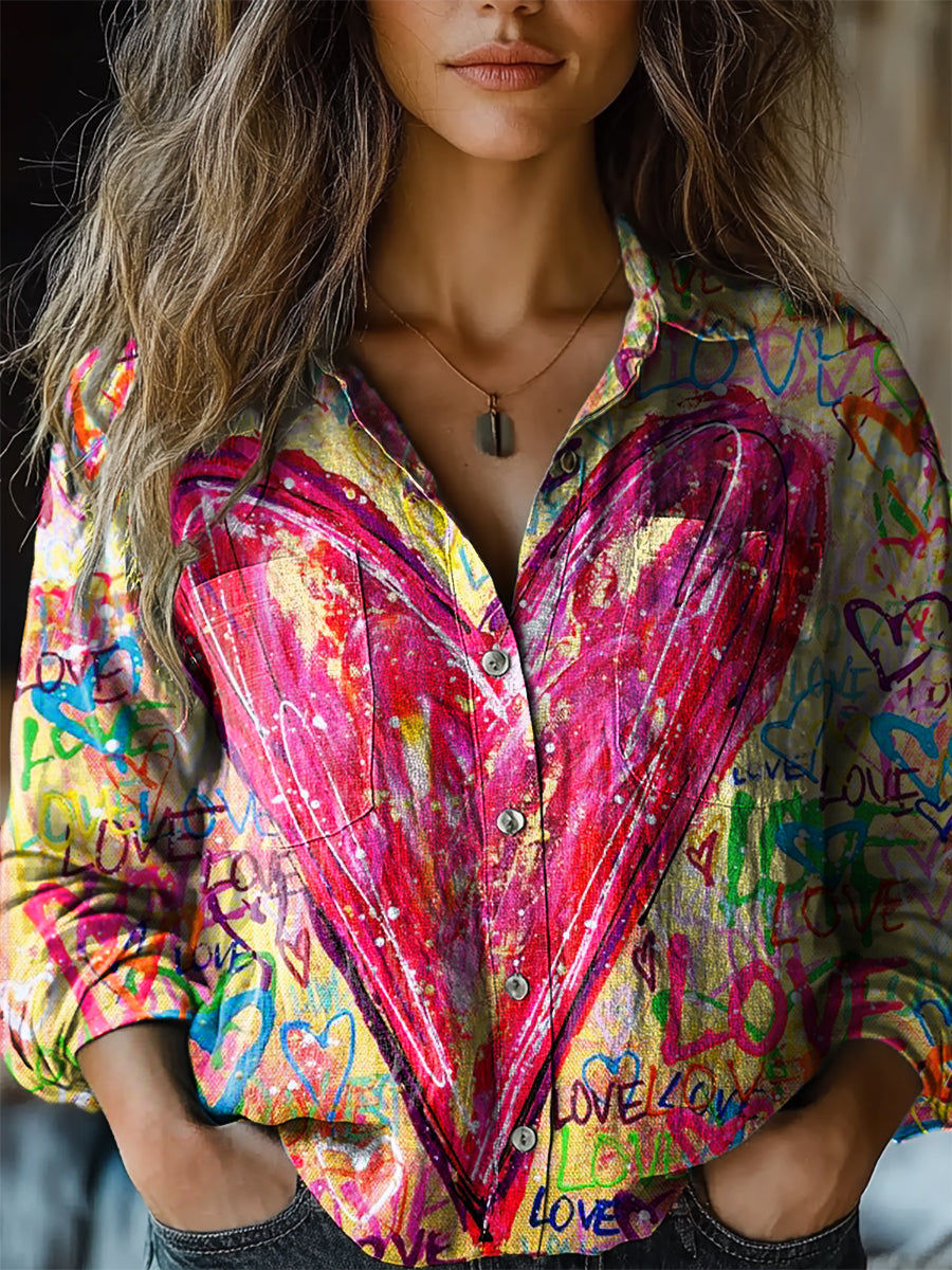 Women's Vintage Love Art Print Casual Long Sleeve Comfortable Cotton S