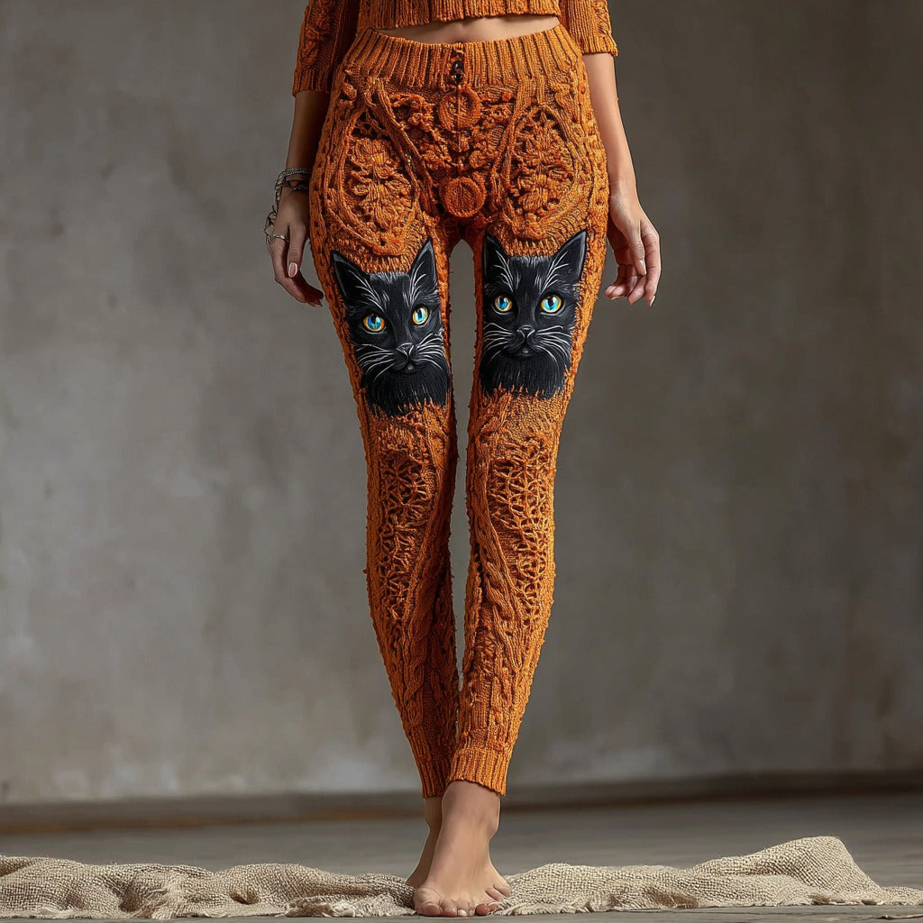Cute Black Cat Face Embroidered Comfortable Knitted Women's Leggings elevenforest