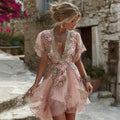 Women's Vintage Flower Embroidery Art Linen Short Sleeve Mini Dress artswardrobe
