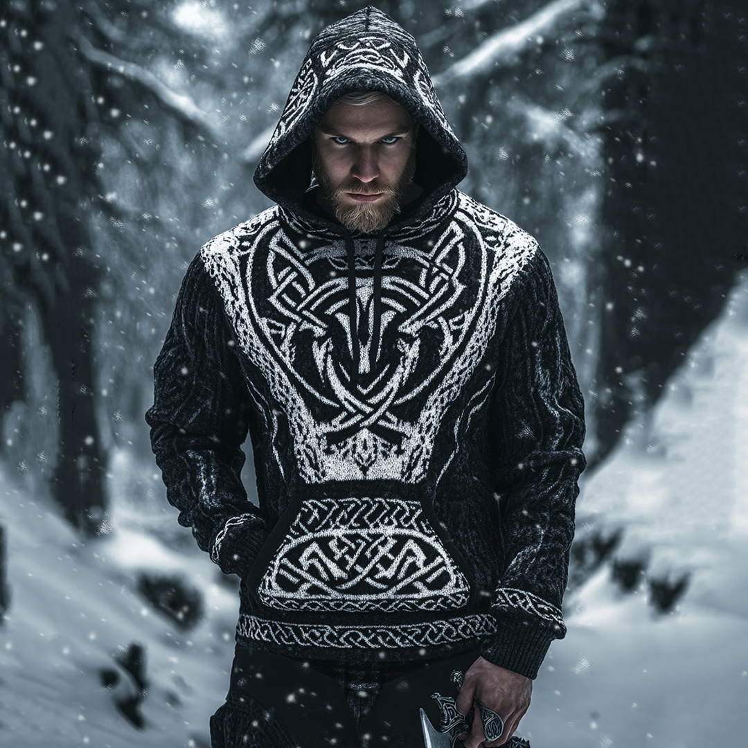 Men's Viking Tribal Wolf Jacquard Celtic Inspired Chunky Knit Hooded Sweater artswardrobe