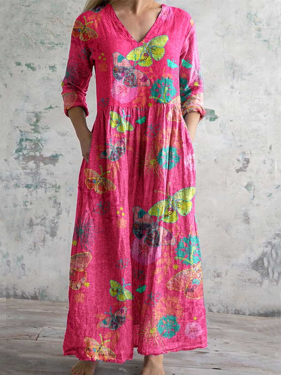 Women's Elegant Floral Butterfly V-Neck Cotton and Linen Dress with Po
