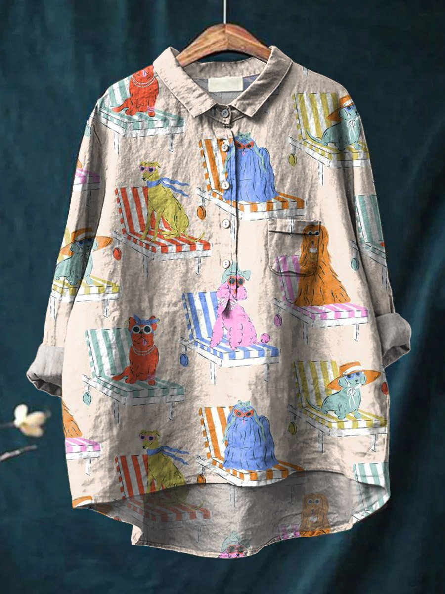 Vintage Lovely Dogs Art Print Casual Cotton And Linen Shirt