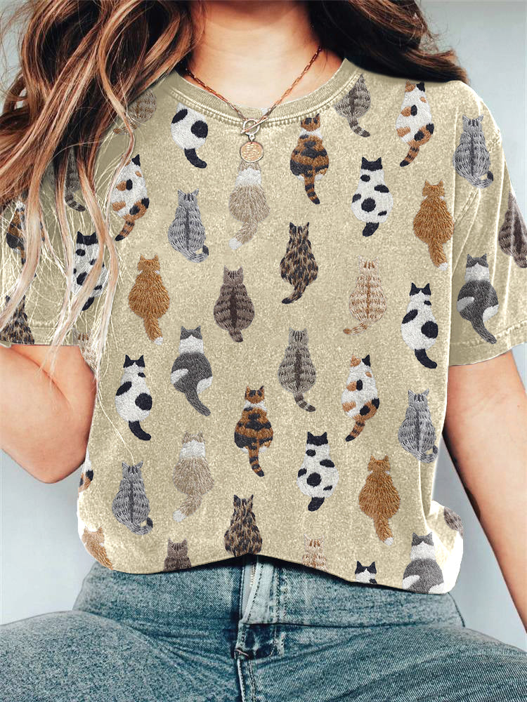 Cute Cats Embroidery Pattern Casual Cotton T-Shirt elevenforest