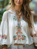 Comstylish Women's Vintage Linen Bohemian Print Shirt