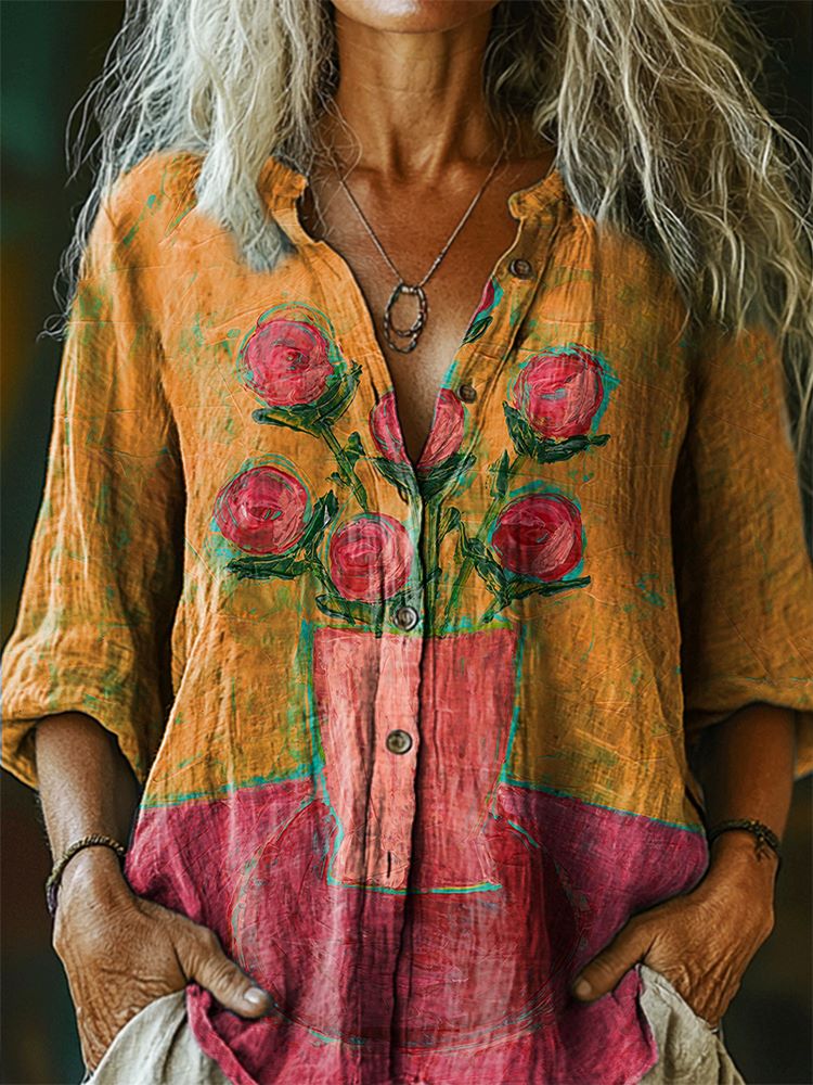Women's Floral Clash Color Pattern Art Print Casual Cotton Linen Shirt