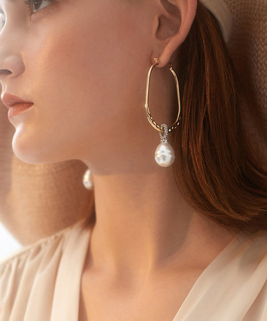 Gold Sterling Silver Alloy Zircon Pearl Hoop Earrings