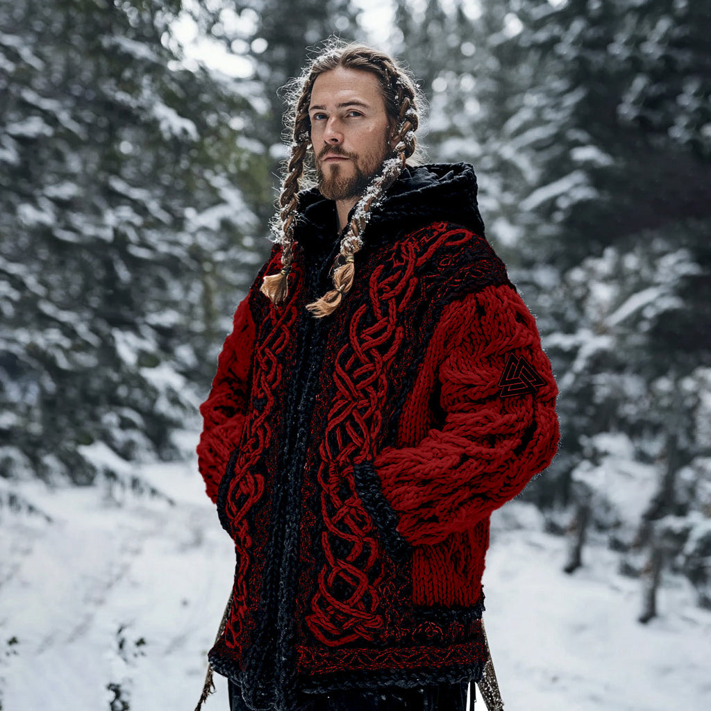 Men's Viking Tribal Jacquard Celtic Chunky Knit Zipper Hooded Cardigan artswardrobe