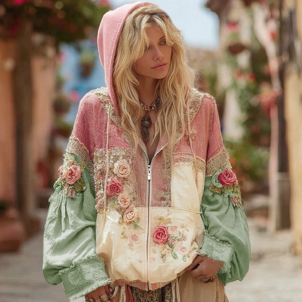 Comstylish Women's Floral Embroidery Color Block Boho Casual Zip-up Hoodie