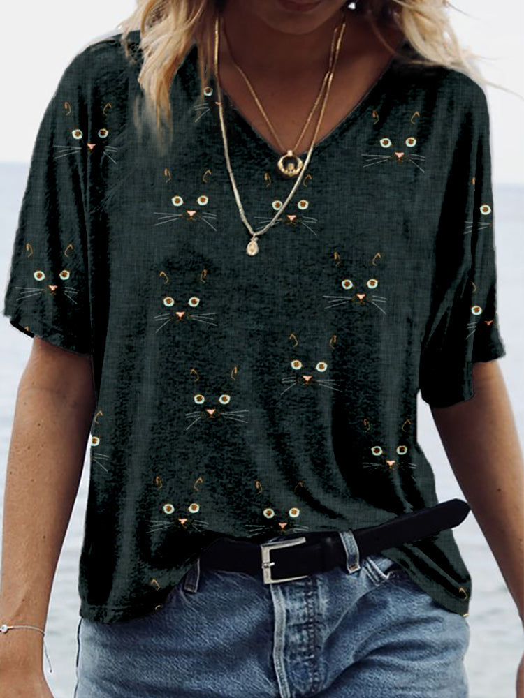 Cute Cat Face Pattern V Neck Comfy T Shirt elevenforest