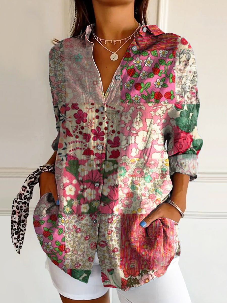 Women's Vintage Floral Patchwork Art Print Casual Cotton Shirt