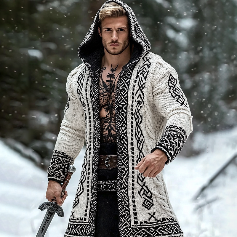 Men's Viking Tribal Pattern Jacquard Celtic Cozy Cardigan Sweater artswardrobe
