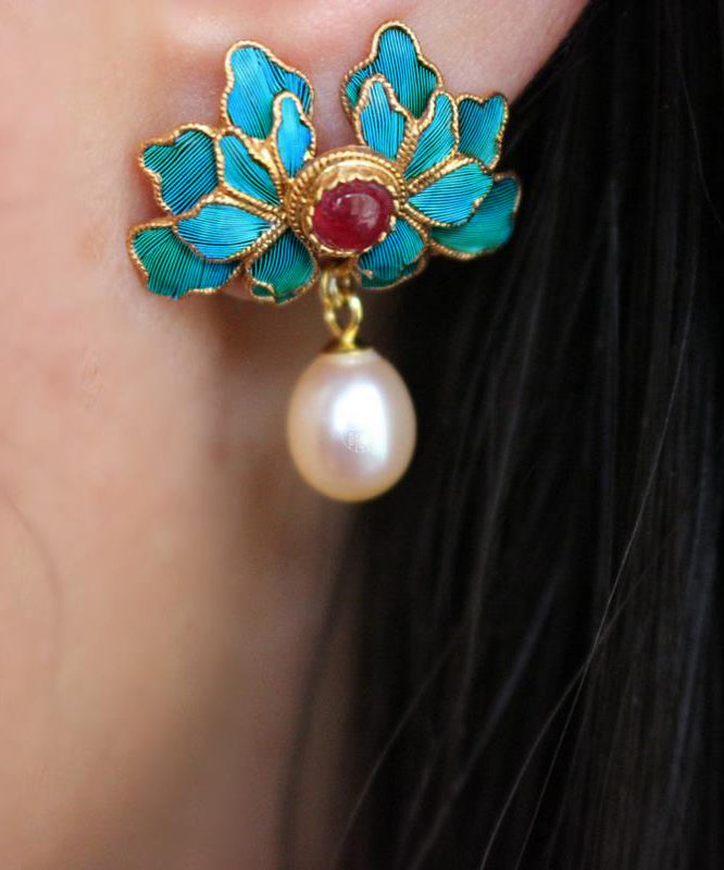 Blue Sterling Silver Overgild Pearl Cloisonne Agate Drop Earrings