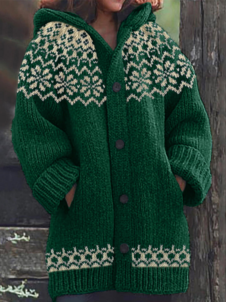 Vintage Jacquard Cozy Icelandic Knit Hooded Cardigan artswardrobe