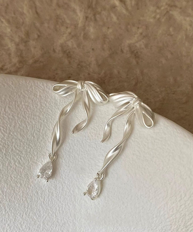 White Copper Alloy Butterfly Silk Ribbon Drop Earrings