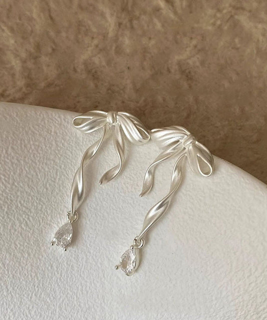 White Copper Alloy Butterfly Silk Ribbon Drop Earrings