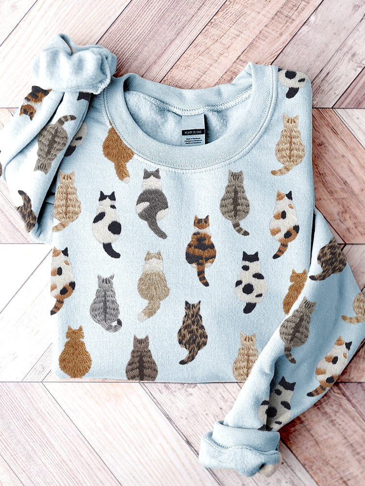 Cute Cats Embroidery Pattern Casual Cozy Sweatshirt elevenforest