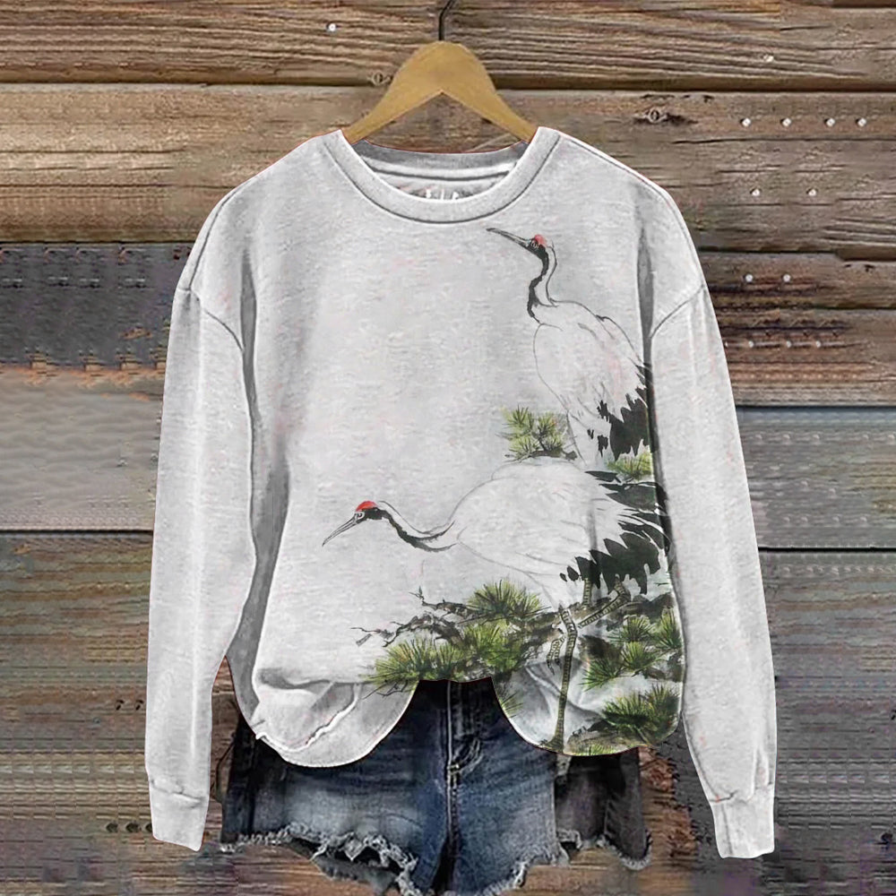 Japanese Crane Art Pattern Women's Casual Sweatshirt elevenforest