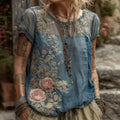Comstylish Women's Vintage Floral Embroidery Crew Neck T-shirt