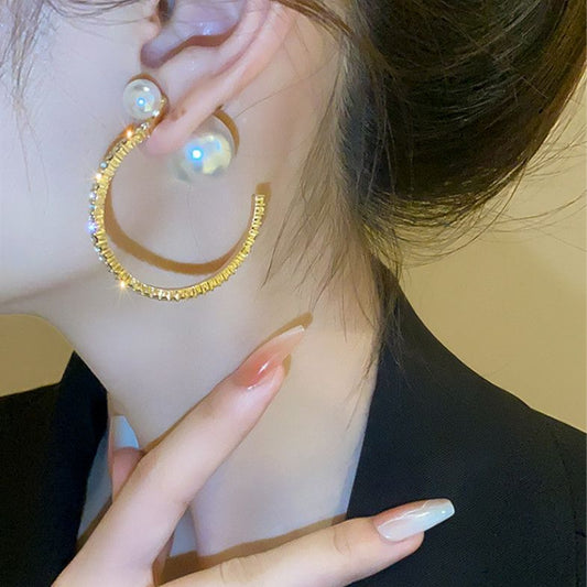 Gold Sterling Silver Alloy Zircon Pearl Hoop Earrings