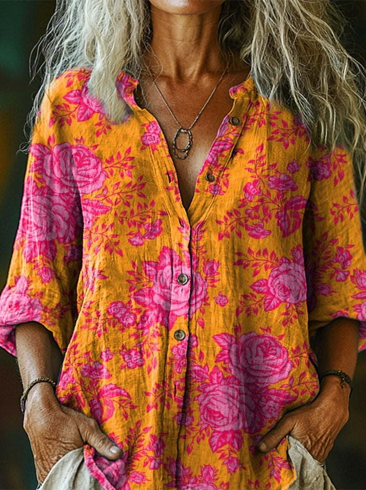 Women's Hippie Floral Art Pattern Print Casual Cotton Linen Shirt