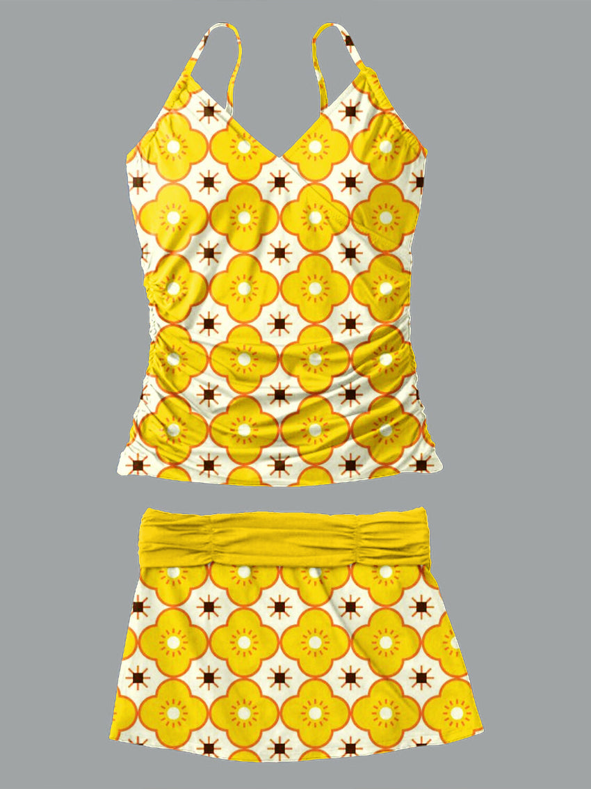V-Neck Vintage Flowers Print Suspender Skirt Tankini Pantskirt Set Swimsuit