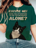 Women's Casual Funny Black Cat Print T-shirt elevenforest