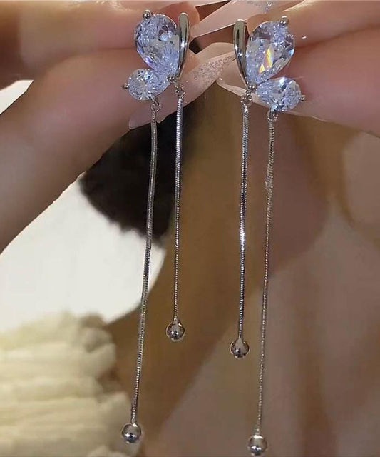 Silk Copper Zircon Butterfly Tassel Drop Earrings