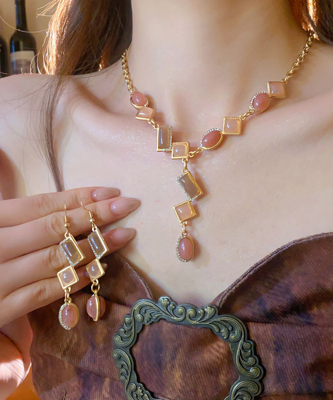 Gold Copper Alloy Zircon Tassel Pendant Necklace and Drop Earrings Two-piece Set