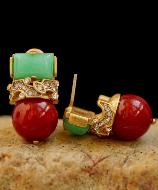 Colorblock Sterling Silver Overgild Zircon Jade Agate Stud Earrings