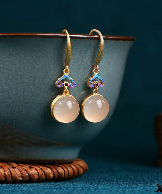 Gold Copper Overgild Auspicious Clouds Chalcedony Drop Earrings