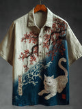 Vintage Japanese Cherry Blossom & Cat Embroidered Linen Shirt elevenforest