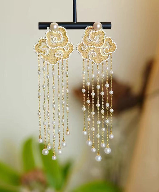 Gold Sterling Silver Overgild Pearl Auspicious Clouds Tassel Drop Earrings