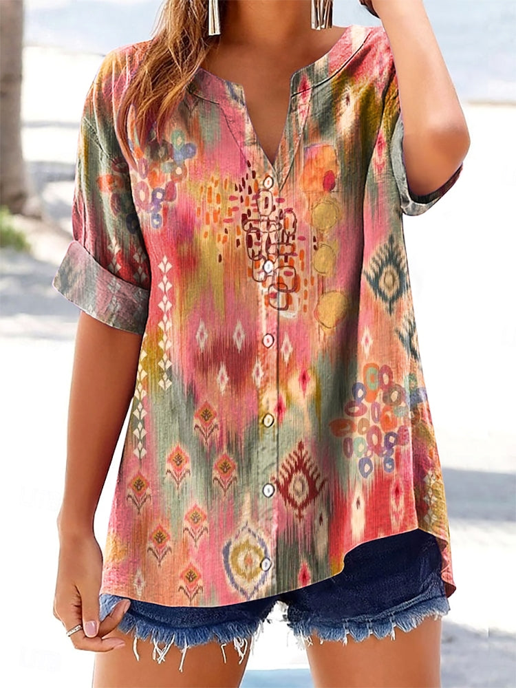 Women's Bohemian Flower Art Print Casual Short Sleeve Cotton and Linen
