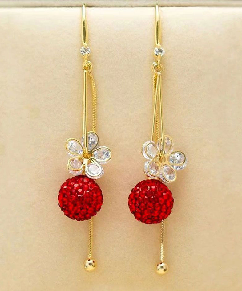 Gold Alloy Zircon Ball Tassel Drop Earrings