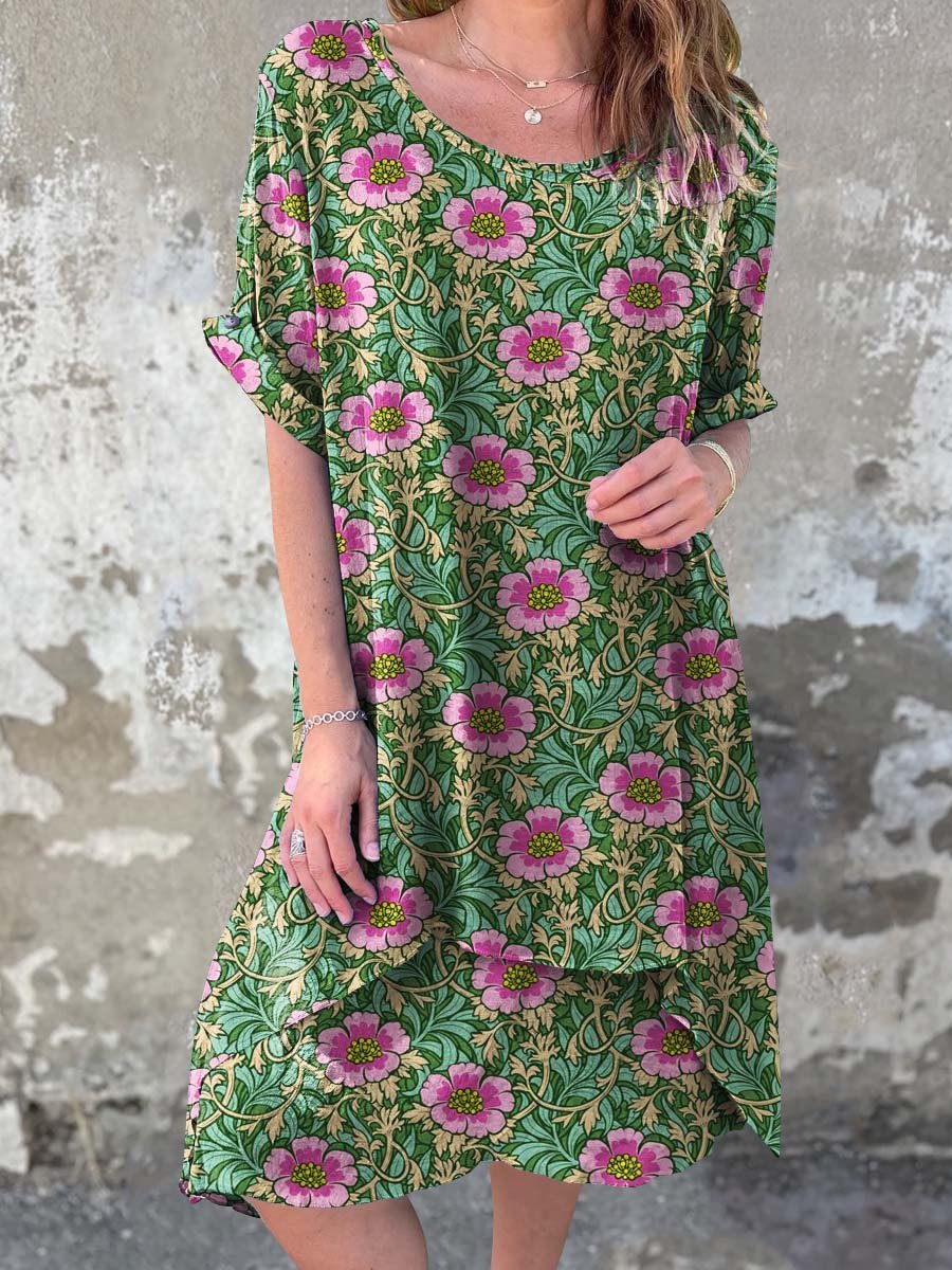 Women's Summer Vintage Floral Art Casual Round Neck Cotton Dress