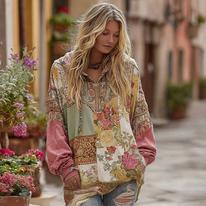 Comstylish Women's Bohemian Floral And Rose Patchwork Cozy Warm Hoodie