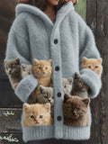 Comstylish Lovely Crowded Fuzzy Cats Cozy Hooded Cardigan